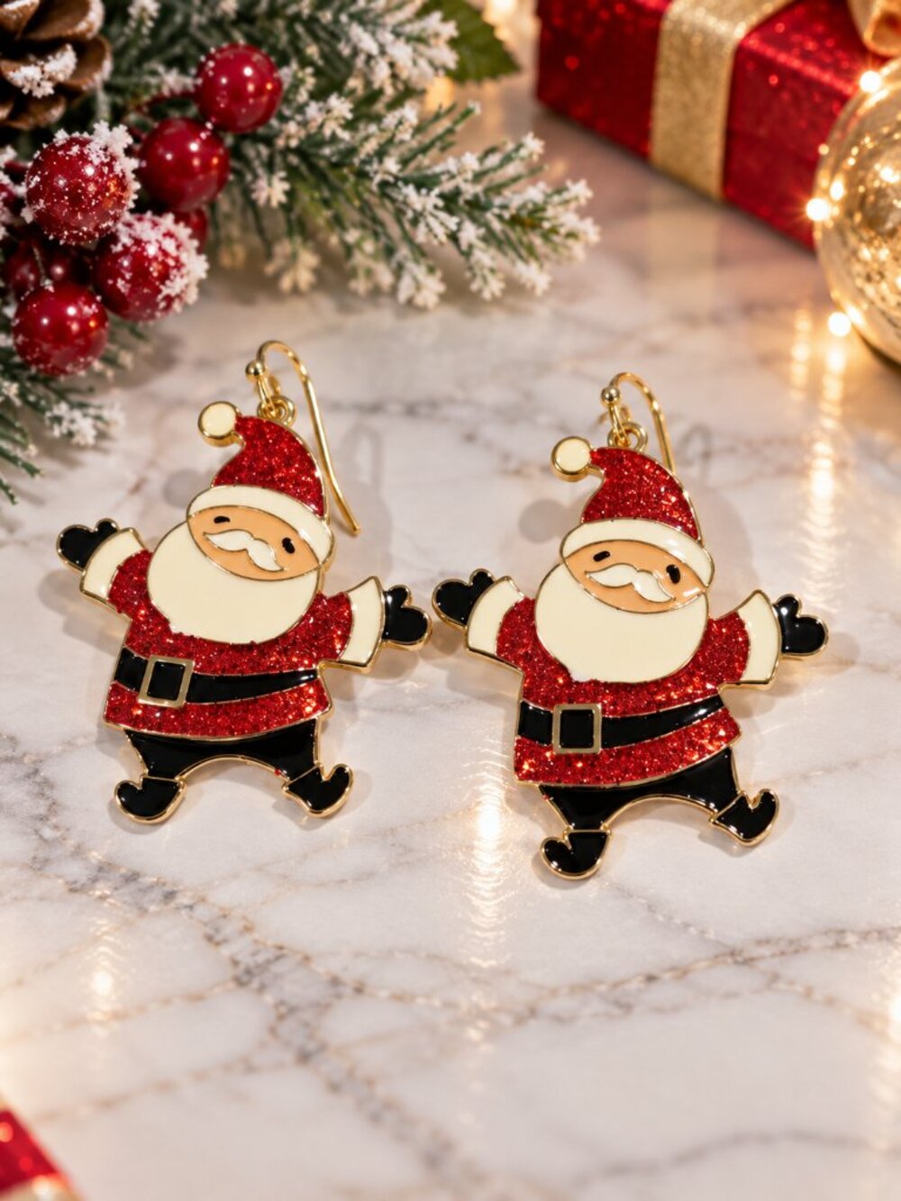 Christmas Santa Claus Dangle Earrings Red Glitter Enamel Holiday Fashion Jewelry